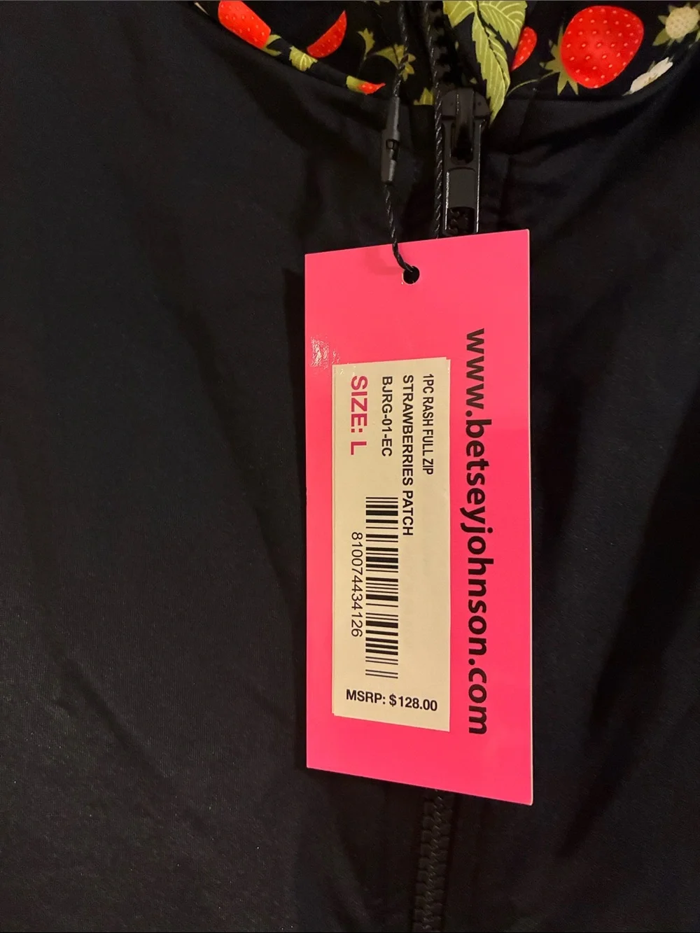 Betsey Johnson Black Zip-Front Rash Guard with Strawberry-Print Sleeves